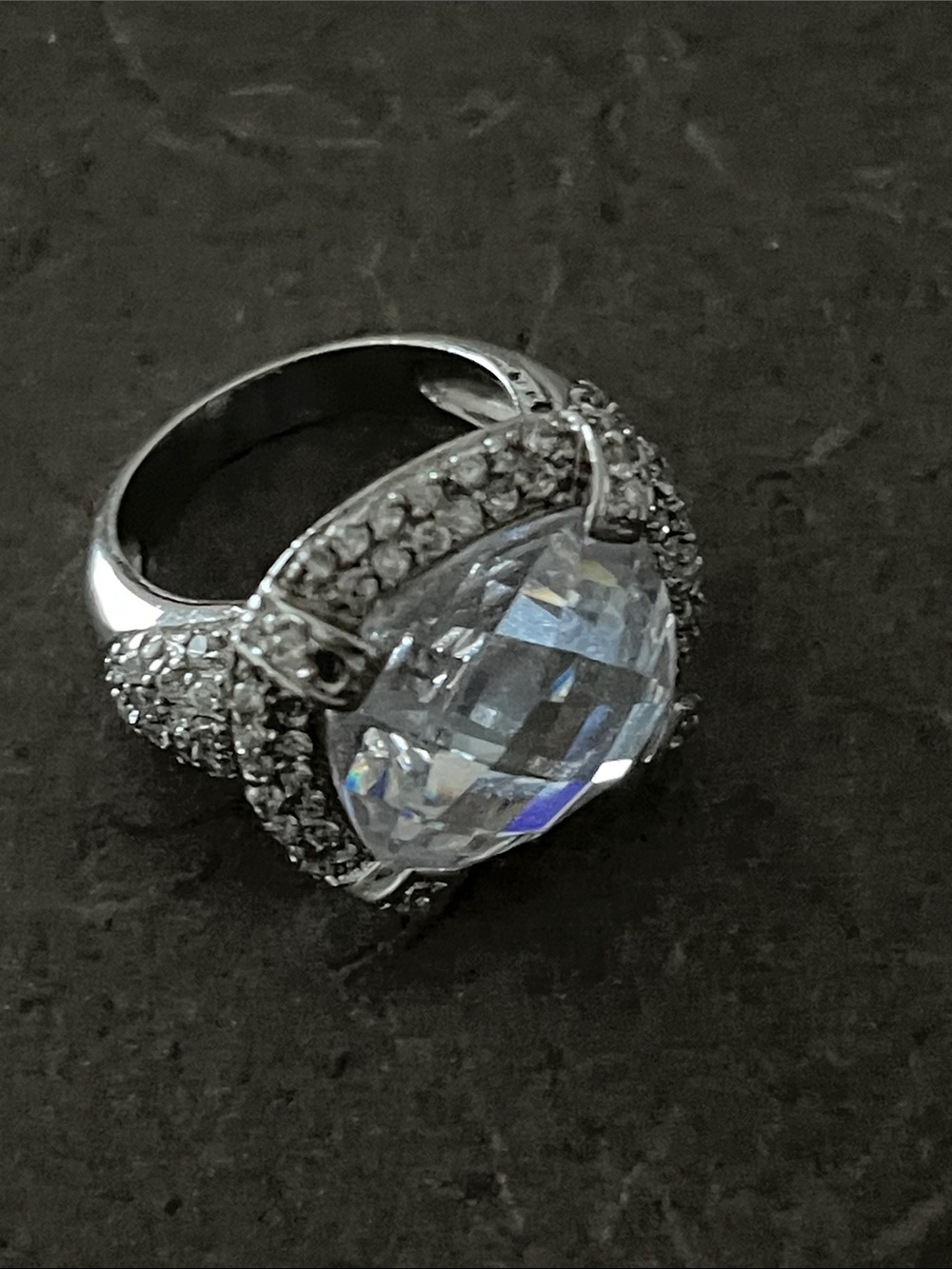 925 Marked Clear Crystal Statement Ring - Missing stones (2?)